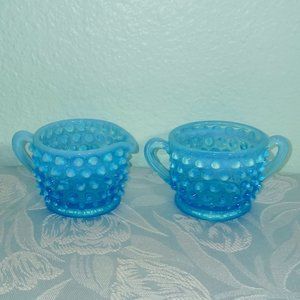 Set of Vintage Fenton Hobnail Blue Opalescent Cream and Sugar Servers